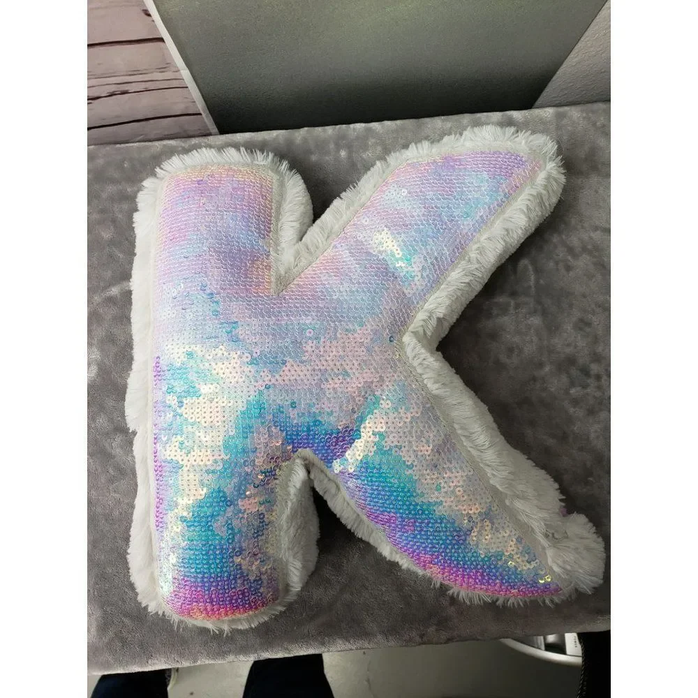 Justice Girls Initial K Reversible Sequin Plush Pillow Purple White Iridescent